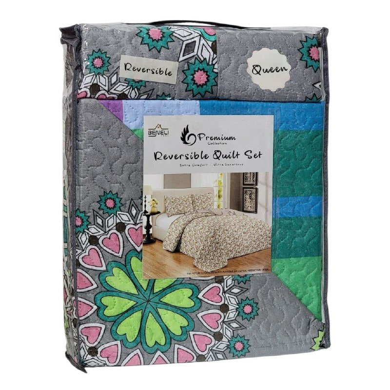 JUEGO DE SABANAS CAMERA EDREDON REVERSIBLE DE 3PCS QUEEN BENELI HOME