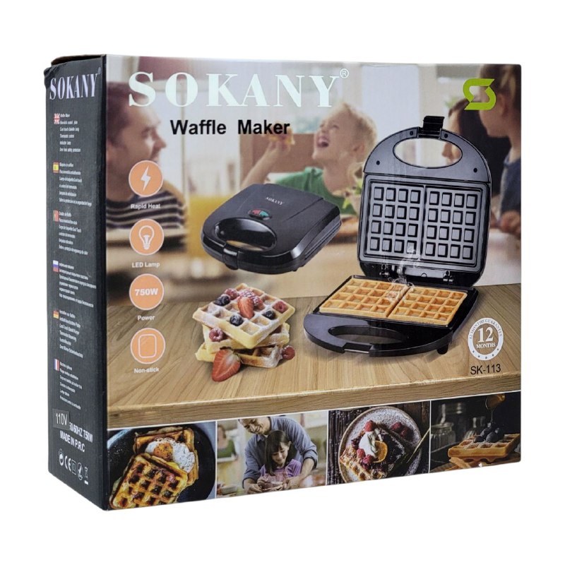 MAQUINA WAFFLERA CALEFACCION RAPIDA, POTENCIA 750W, SUPERFICIE ANTIADHERENTE SOKANY SK-113