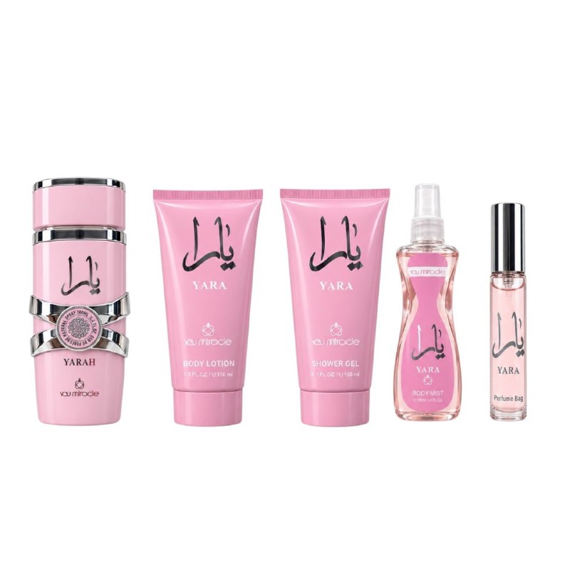 SET YOU MIRADE YARA EDP 100ML, EDP 15ML, GEL DE DUCHA 150ML, BODY MIST 100ML, BODY LOTION 150ML (M) (AROMA SIMILAR LATTAFA YARA)