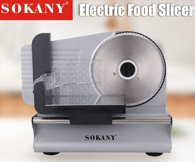 MAQUINA CORTADORA DE ALIMENTOS ELECTRICA SK-446, BAJO NIVEL DE RUIDO, 190MM DIAMETRO, HOJA DE ACERO INOXIDABLE, PROTECCION PARA LOS DEDOS, AJUSTE FINO A GRUESO SOKANY