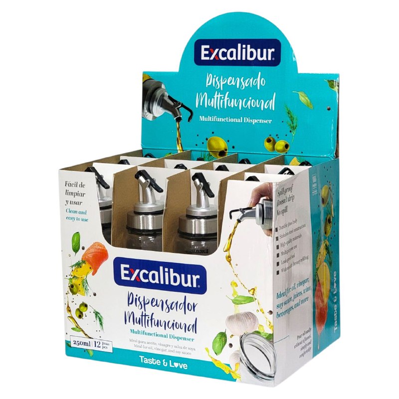 BOTELLA DISPENSADORA DE ACEITE, DISPENSADOR MULTIFUNCIONAL ACEITE, VINAGRE Y SALSA DE JOYA, A PRUEBA DE FUGAS, VIDRIO RESISTENTE, ACERO INOXIDABLE DURADERO, FACIL RELLENADO EXCALIBIR 250ML