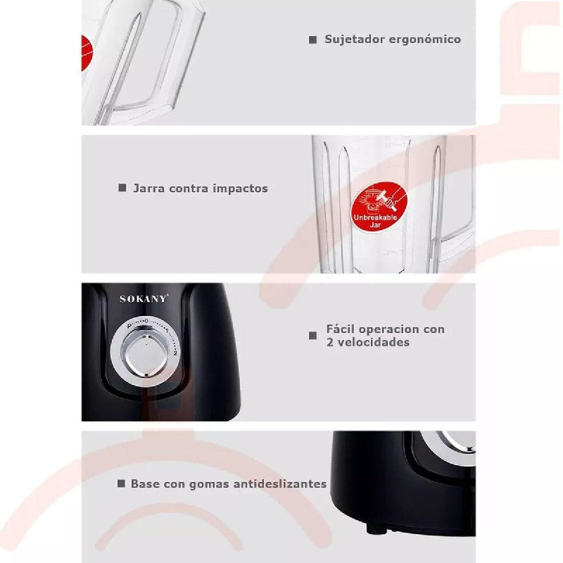 MAQUINA LICUADORA MULTIUSOS DE 4 VELOCIDADES, 600W FUERZA, CAPACIDAD 1500ML, ALTA JUGOSIDAD SK-03008 SOKANY