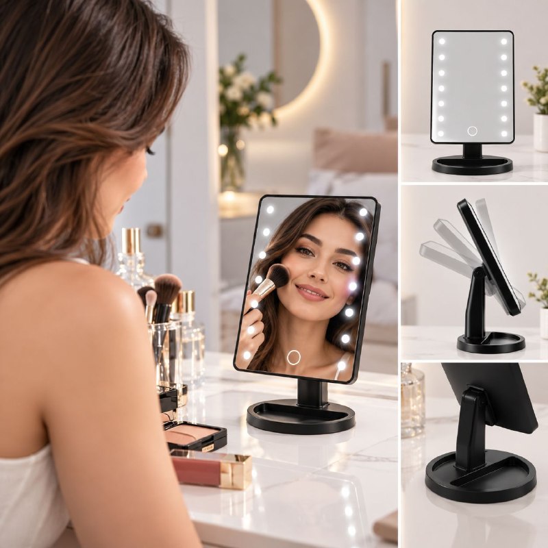 ESPEJO DE MAQUILLAJE CON LUZ LED Y ROTACION 360 25X21CM