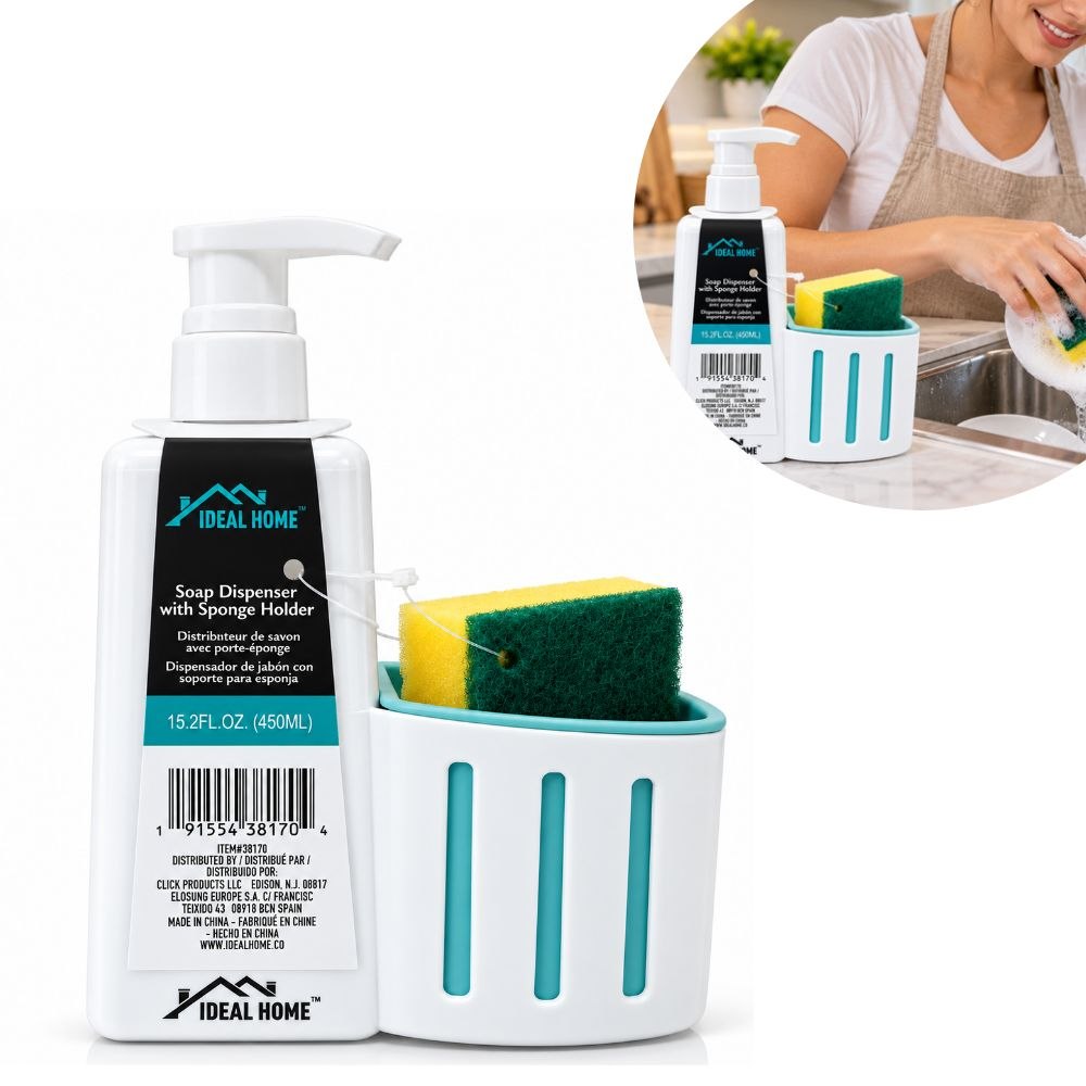 DISPENSADOR DE JABÓN CON SOPORTE PARA ESPONJA IDEAL HOME 450ML