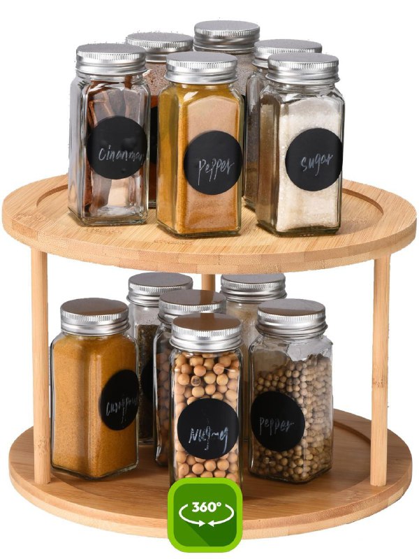 ORGANIZADOR DE ESPECIAS GIRATORIO DE BAMBU DE 2 NIVELES PARA COCINA 10X7"