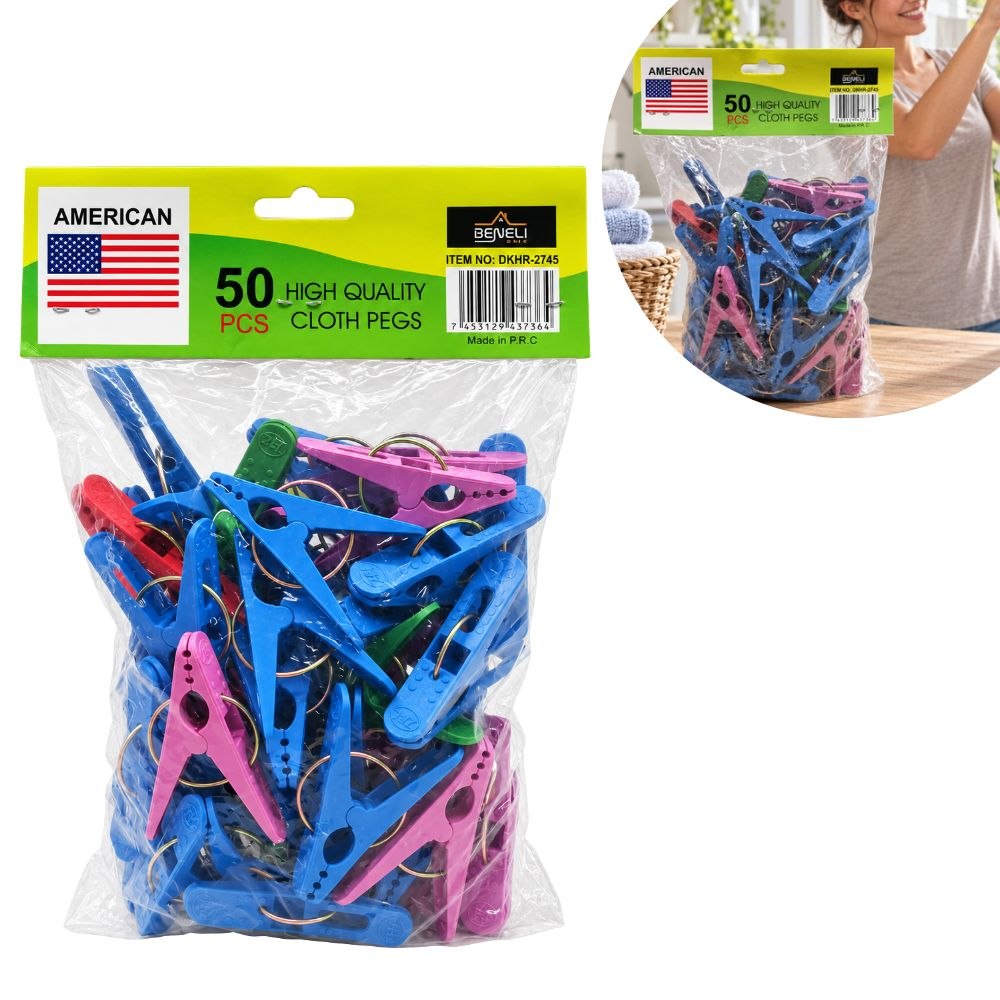 PAQUETE DE PINZAS PLÁSTICAS RANURADAS PARA ROPA BENELI HOME 50 PIEZAS