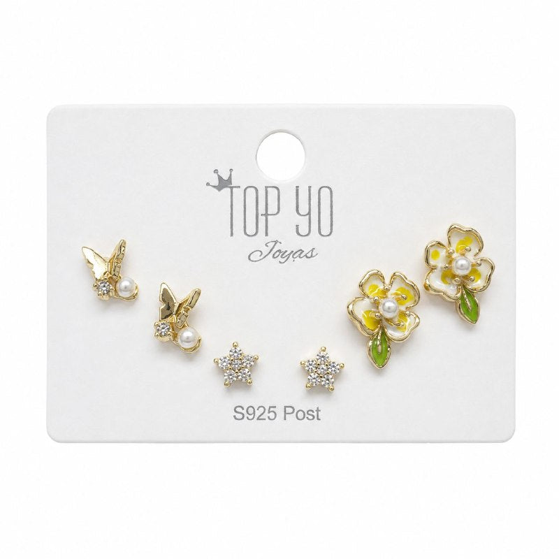 SET DE 3 PARES DE ARITOS DE ENCHAPE PARA DAMA CON DISEÑO DE FLOR, MARIPOSA Y ESTRELLA