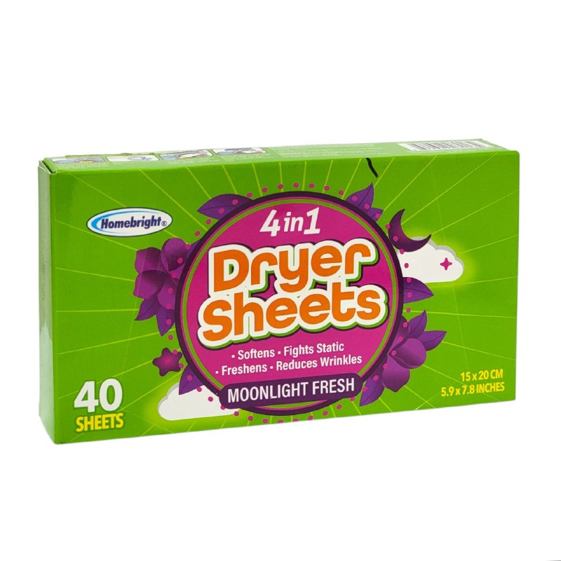 DETERGENTE TOALLIAS HOJAS PARA SECADORA 4 EN 1 CON AROMA A LUZ DE LUNA, ROPA SUAVE Y FRESCA PERFUMADA 15X20CM HOMEBRIGHT 40UND