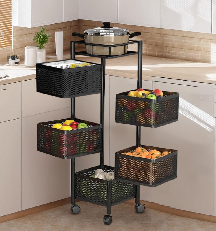ESTANTE ORGANIZADOR MULTIUSOS GIRATORIO DE 5 NIVELES DE ACERO AL CARBONO NEGRO 90X28CM