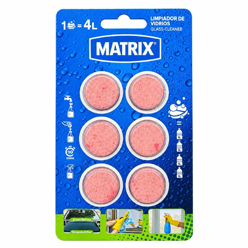 PASTILLAS LIMPIADORAS EFERVESCENTES PARA VIDRIOS SOLUBLE EN AGUA MATRIX 6PCS