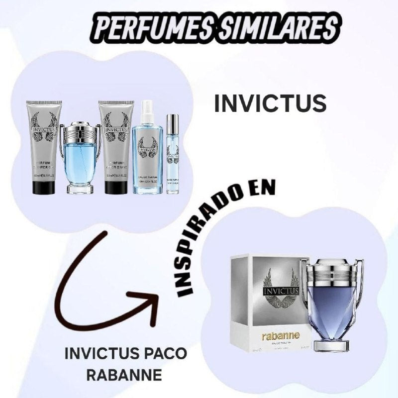 SET INVICTUS EDP 100ML, EDP 15ML, SPLASH PERFUMADO 100ML, SHOWER GEL 150ML, AFTER SHAVE 150ML (H) (AROMA SIMILAR PACO RABANNE INVICTUS)