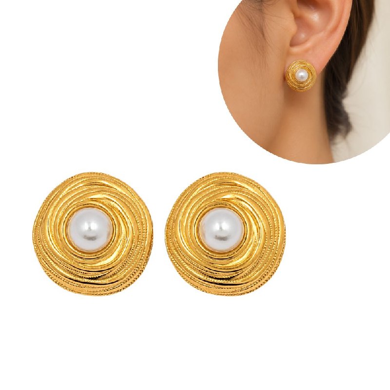 ARITOS DE ENCHAPE PARA DAMA CON DISEÑO EN ESPIRAL Y PERLA 2CM