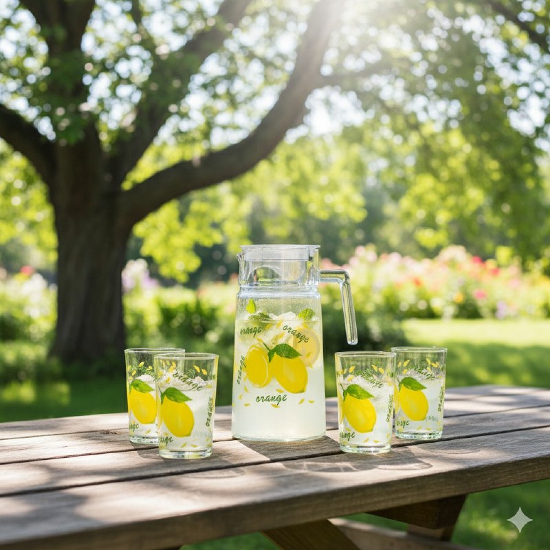 SET DE JARRA Y 7 VASOS CON DISEÑO FRUTAL AMARILLO DE VIDRIO BENELI HOME