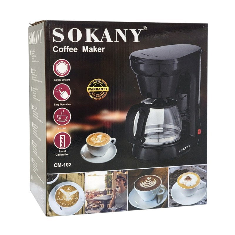 MAQUINA CAFETERA DE 5 TAZAS CON CAPACIDAD DE 750ML, FUNCION ANTIGOTEO, FILTRO PERMANENTE CON ASA, NIVEL DE AGUA SOKANY CM-102