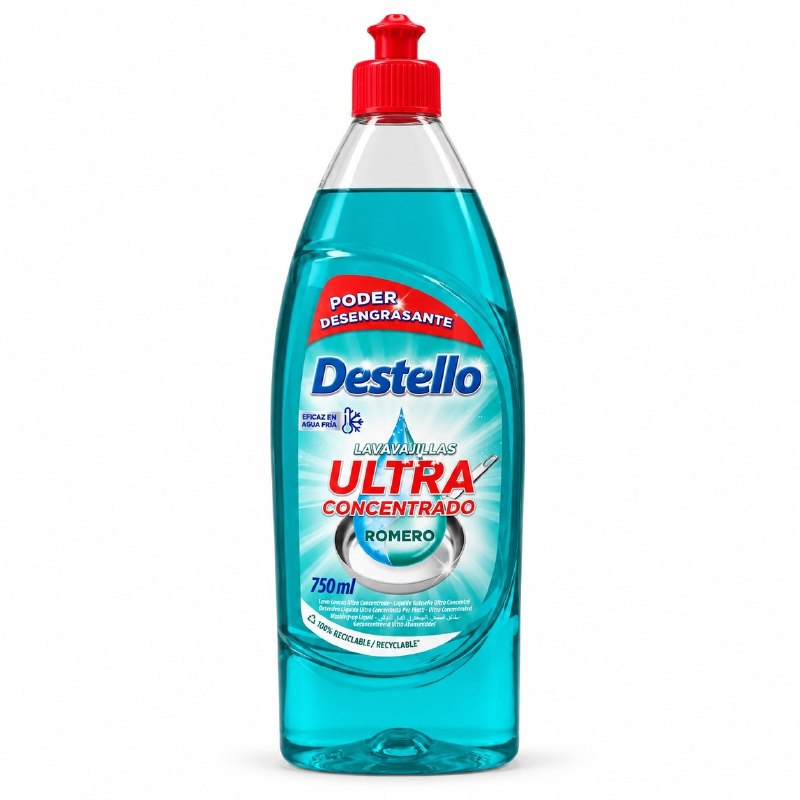 JABON LIQUIDO PARA LAVAR PLATOS ULTRA CONCENTRADO DESENGRASANTE AROMA ROMERO DESTELLO 750ML