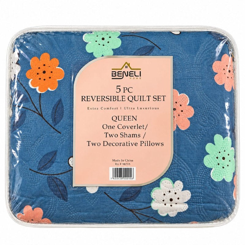 JUEGO DE EDREDON CUBRECAMA REVERSIBLE QUEEN DE 5 PIEZAS BENELI HOME