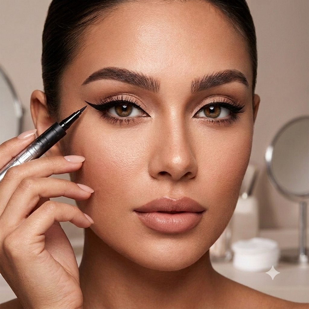 DELINEADOR DE OJOS FINO COLOR NEGRO, RESISTENTE AL AGUA Y LAPIZ DE CEJAS DE 4 PUNTAS COLOR CAFE, RESISTENTE AL AGUA KARITE 1G+1G