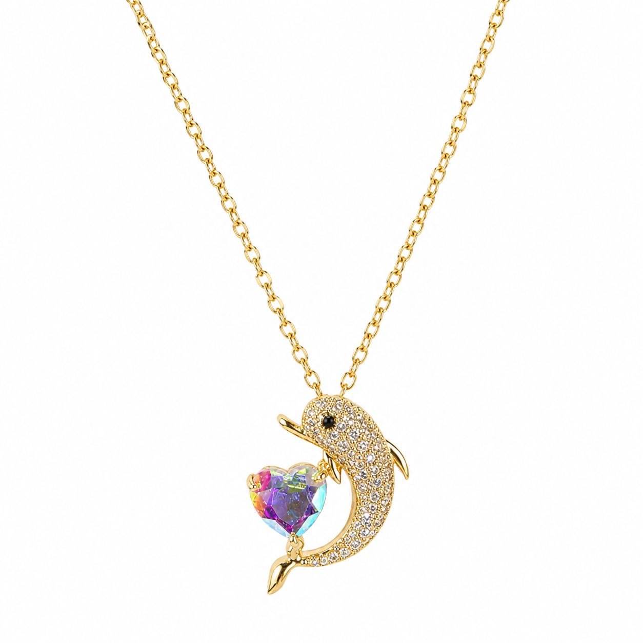 GARGANTILLA DE ENCHAPE PARA DAMA CON DISEÑO DE DELFÍN EN PAVÉ Y CORAZÓN DE CRISTAL AURORA BOREAL