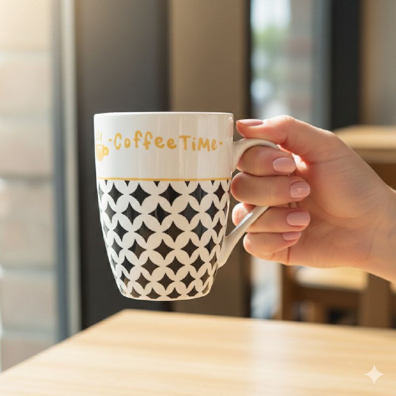 TAZAS DE CERAMICA DE ALTA RESISTENCIA CON ACABADO BRILLANTE Y DISEÑO ERGONOMICO 330ML, 4 ESTILOS