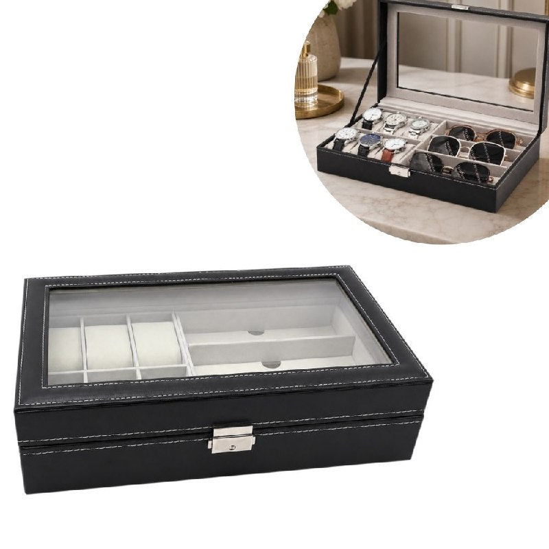 ESTUCHE ORGANIZADOR DE JOYAS, RELOJES O LENTES ELEGANTE CON TAPA TRANSPARENTE 33X20CM