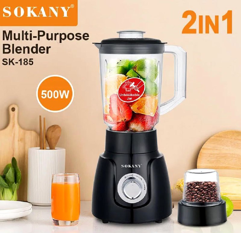 MAQUINA LICUADORA 2 EN 1, LICUADORA Y BATIDORA, 500W DE FUERZA, CAPACIDAD 1.6L, 2 VELOCIDADES, LIMPIEZA RAPIDA, SK-185 SOKANY
