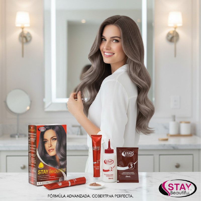 TINTE PARA EL CABELLO COLOR CASTAÑO CLARO CENIZA 6.1, VIVO Y DURADERO STAY BEUTIFUL 50MLX2+20ML
