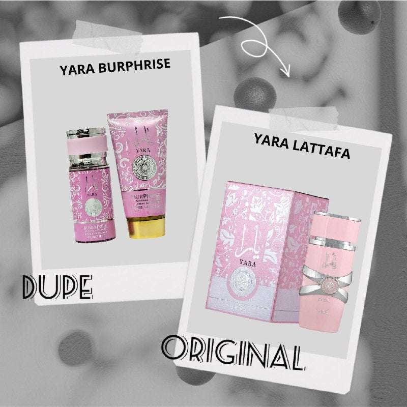 SET YARA BURPHRISE SPLASH 88ML, BODY LOTION 88ML (M) (AROMA SIMILAR LATTAFA YARA)