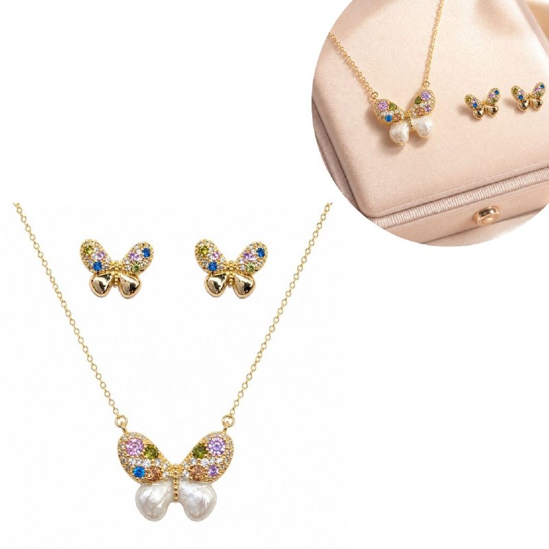 SET DE ENCHAPE PARA DAMA CADENA, DIJE Y TOPOS MARIPOSA CON CIRCONES MULTICOLOR Y PERLA
