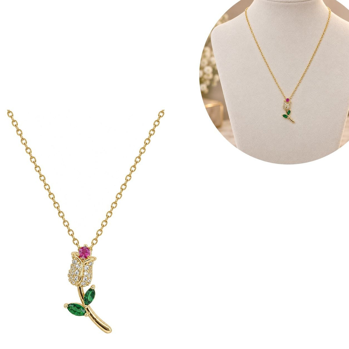 GARGANTILLA DE ENCHAPE PARA DAMA CON DISEÑO DE ROSA CON CIRCONIA FUCSIA Y HOJAS VERDES 2.3CM