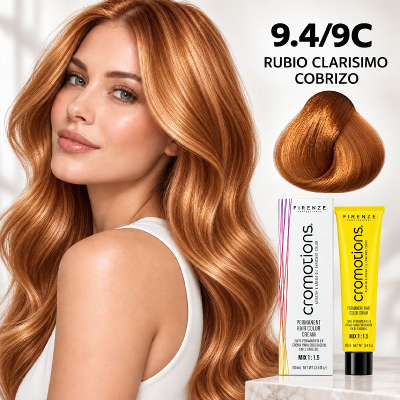 TINTE PERMANENTE PARA EL CABELLO EN CREMA RUBIO CLARISIMO COBRIZO 9.4/ 9C FIRENZE 100ML