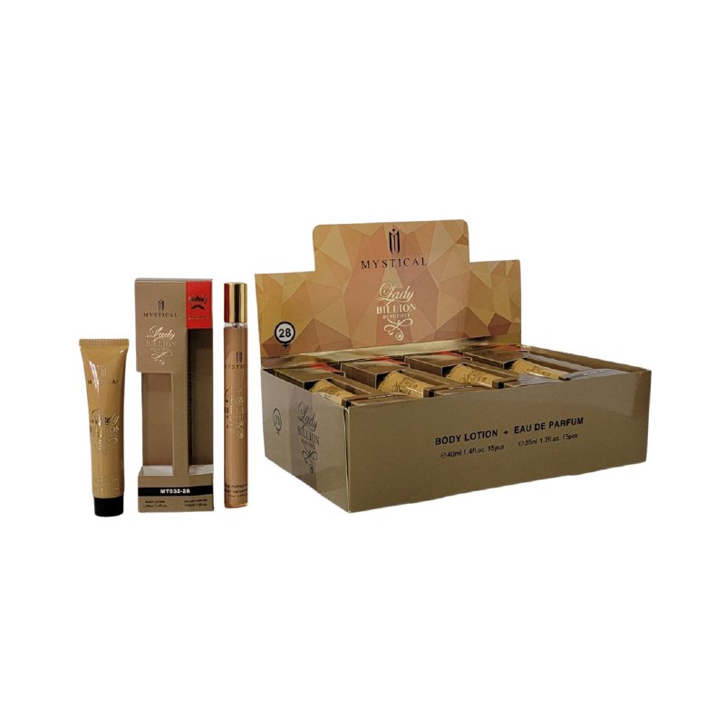 SET PERFUME EN TUBO PARA DAMA MYSTICAL 28 LADY BILLION BEAUTIFUL EDP 35ML, BODY LOTION 40ML (M)