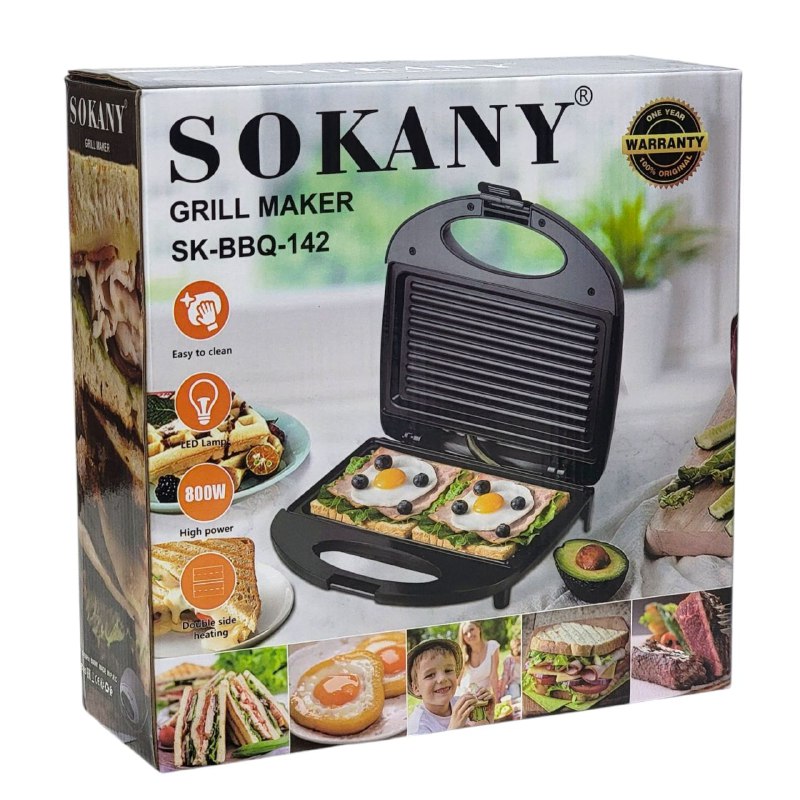 MAQUINA PARRILLA ELECTRICA SK-BBQ-142, RECUBRIMIENTO ANTIADHERENTE DE PLASTICO RESISTENTE AL CALOR, INDICADOR DE ENCENDIDO, 800W FUERZA, CALEFACCION DE DOBLE CARA SOKANY
