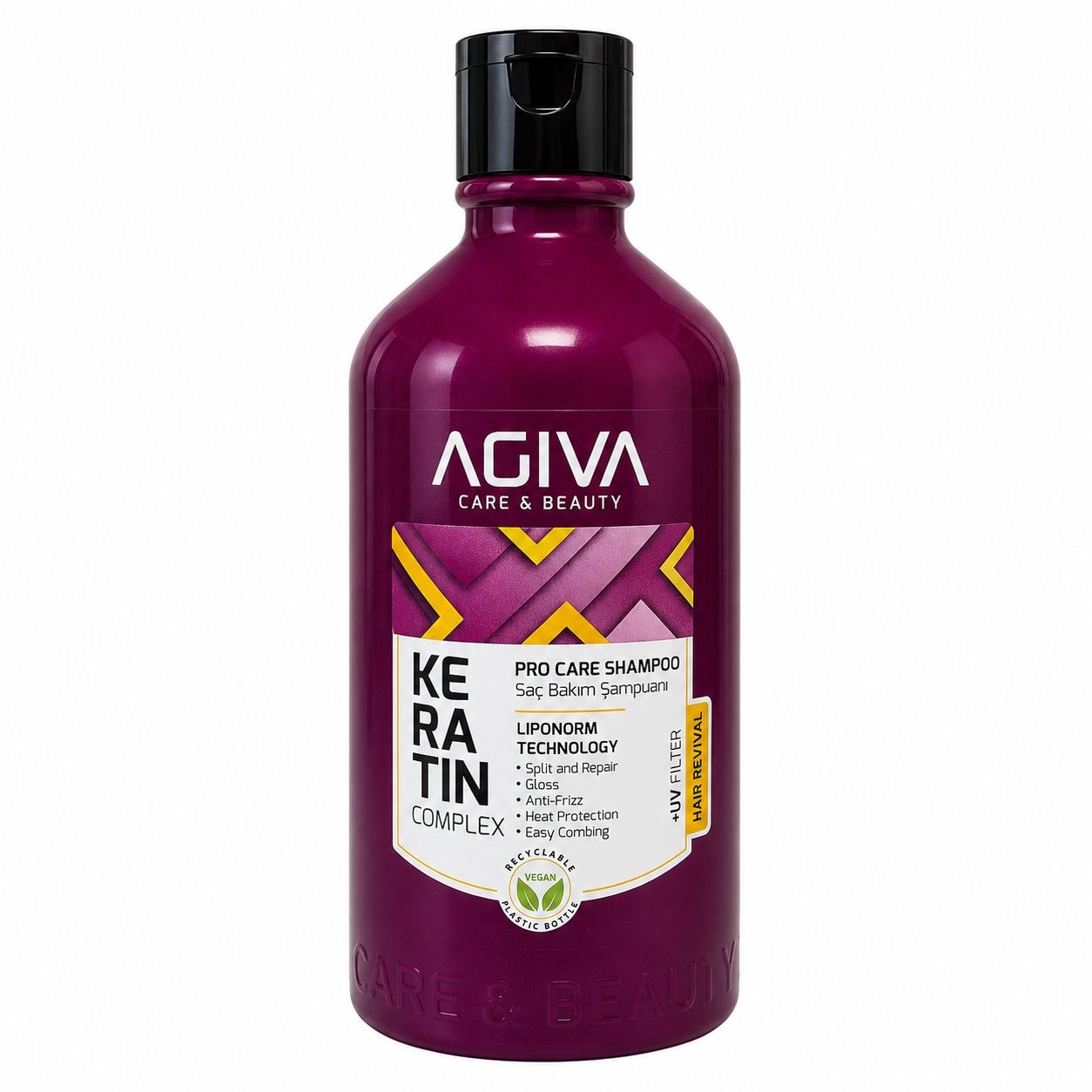 CHAMPÚ QUERATINA REPARADOR, ANTI-FRIZZ Y FILTRO UV AGIVA CARE & BEAUTY 500ML