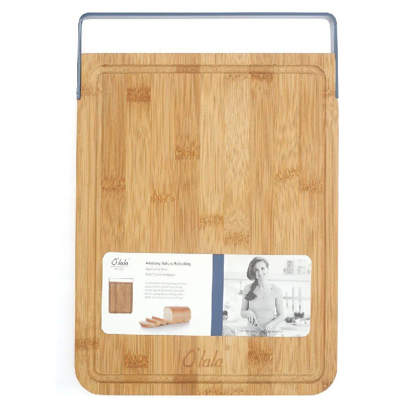TABLAS DE PICAR DE MADERA DE BAMBU CON MANGO METALICO 32X23X2CM