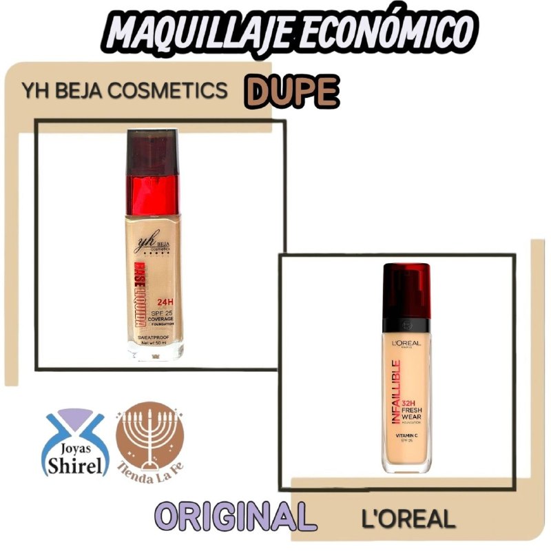 BASE LIQUIDA LARGA DURACIÓN PROTECCIÓN SOLAR SPF 25 ACABADO NATURAL Y LIGERO EN LA PIEL,BASE TRANSPIRABLE 4 TONOS YH BEJA COSMETICS 50ML