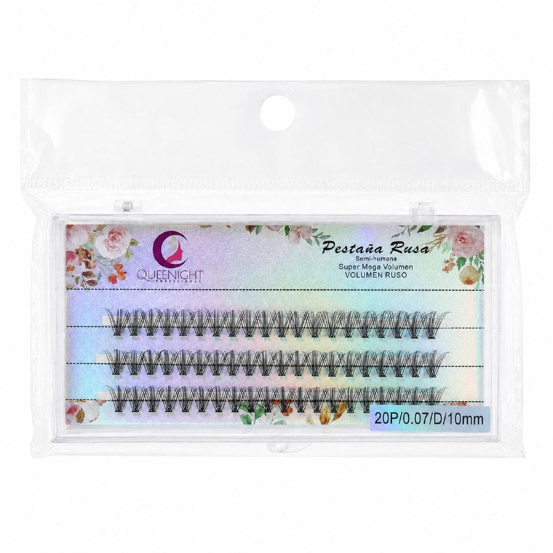 SET DE 60 PESTAÑAS RUSAS SEMIHUMANAS MEGA VOLUMEN 20P 0.07MM CURVA D 10MM QUEENIGHT PROFESSIONAL 1 UND