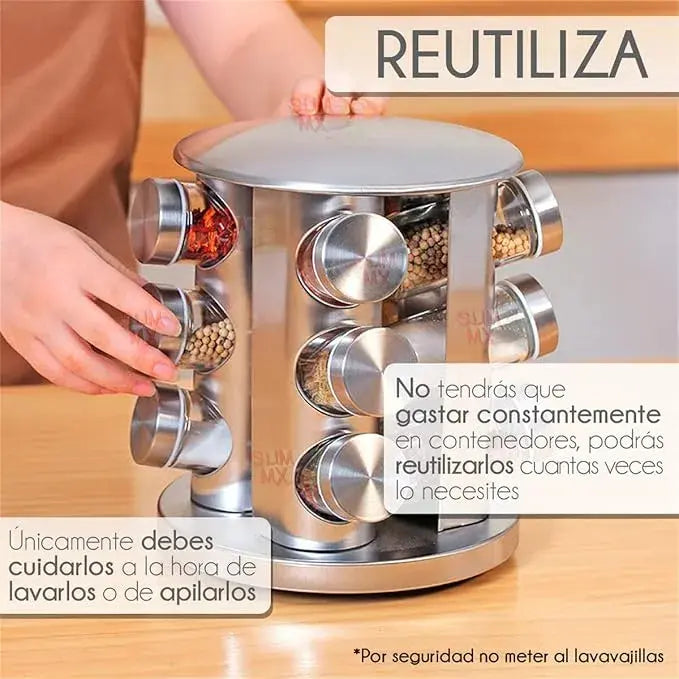 ORGANIZADOR ESPECIERO GIRATORIO REDONDO DE ACERO INOXIDABLE DE 12 BOTES DE VIDRIO 21CMX18.5CM