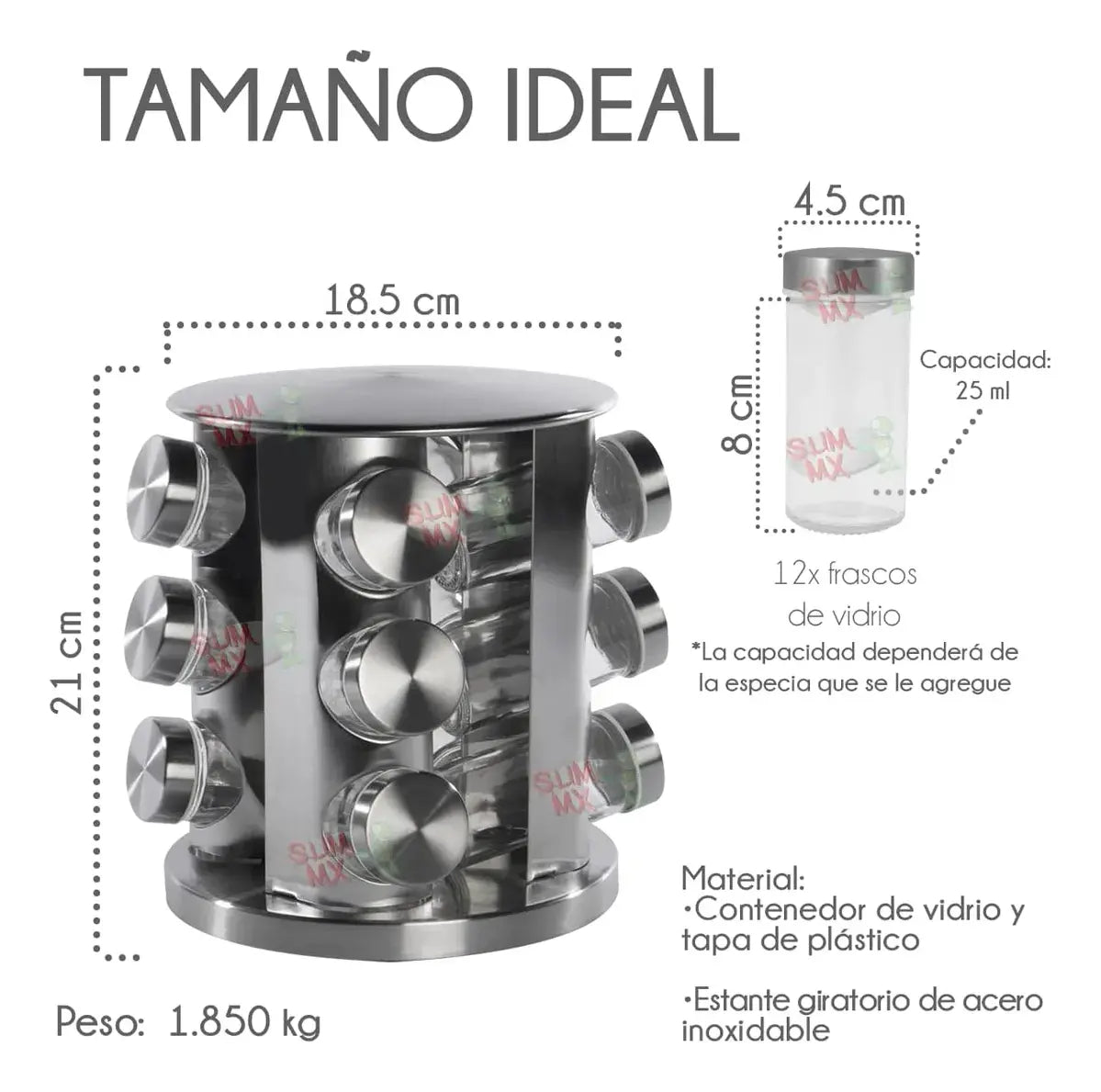 ORGANIZADOR ESPECIERO GIRATORIO REDONDO DE ACERO INOXIDABLE DE 12 BOTES DE VIDRIO 21CMX18.5CM