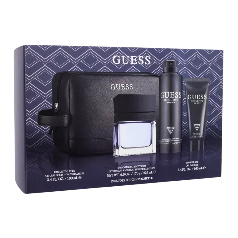 SET GUESS SEDUCTIVE HOMME EDT 100ML, BODY SPRAY 226ML, SHOWER GEL 100ML, BOLSA DE MANO (H)