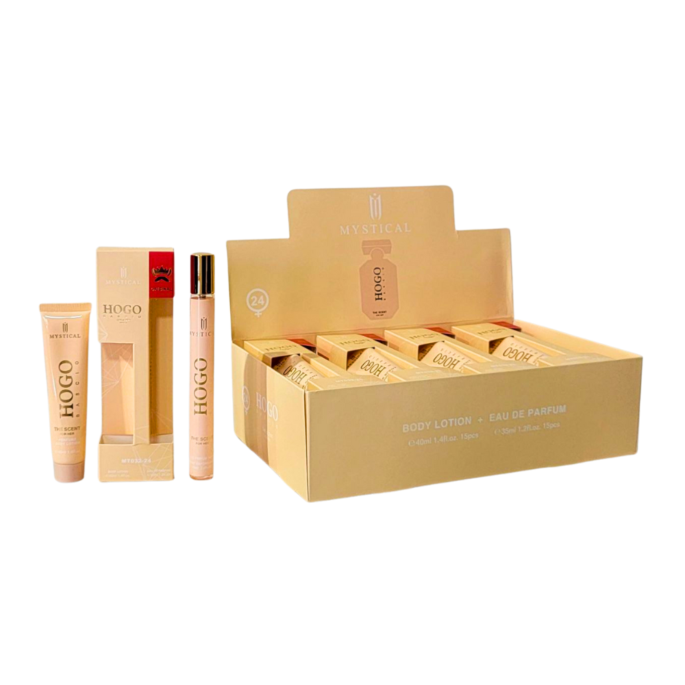 SET PERFUME EN TUBO PARA DAMA MYSTICAL 24 HOGO BASCIO THE SCENT EDP 35ML, BODY LOTION 40ML (M)
