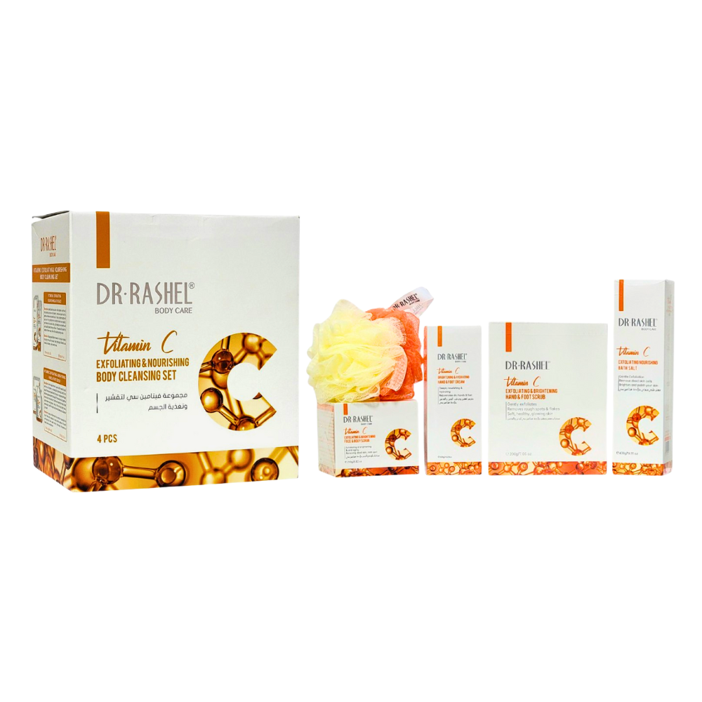 SET DE LIMPIEZA CORPORAL EXFOLIANTE Y NUTRITIVO VITAMINA C DE 4 PIEZAS DR RASHEL BODY