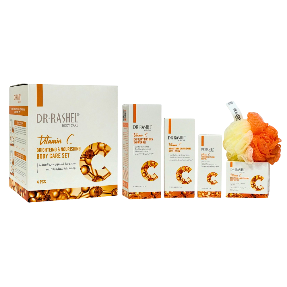 SET DE CUIDADO CORPORAL NUTRITIVO E ILUMINADOR CON VITAMINA C DE 4PCS DR. RASHEL BODY CARE