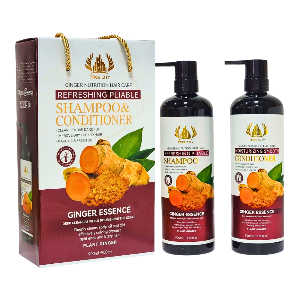 SET DE SHAMPOO Y ACONDICIONADOR HIDRATANTES CON JENGIBRE ROJO TREE CITY 900MLX2