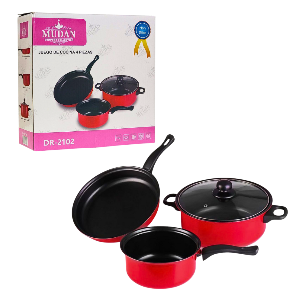 JUEGO DE COCINA DE 4 PIEZAS, CACEROLAS, SARTENES, OLLAS, REVESTIMIENTO ANTIADHERENTE, TAPA DE VIDRIO MUDAN COMFORT COLLECTION