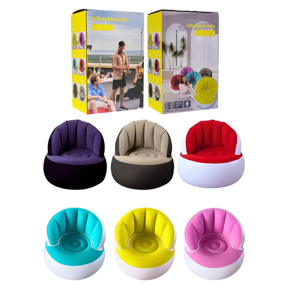 SOFA INFLABLE RECLINABLE, PARA EXTERIORES O INTERIORES CON BOMBA DE AIRE, 6 COLORES