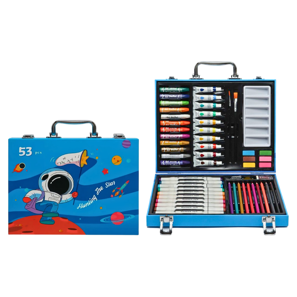 ESTUCHE DE ARTE Y DIBUJO CREATIVO PARA NIÑOS 53 PIEZAS AZUL ASTRONAUTA