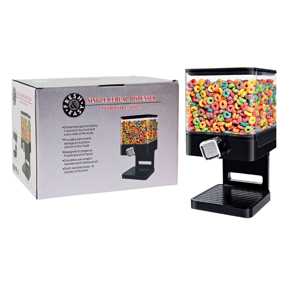 ALMACENADOR DISPENSADOR DE ALIMENTOS SECOS, CUADRADO COLOR NEGRO, PARA ALMACENAR CEREALES, GRANOS, ARROZ FRESH EASY 9OZ