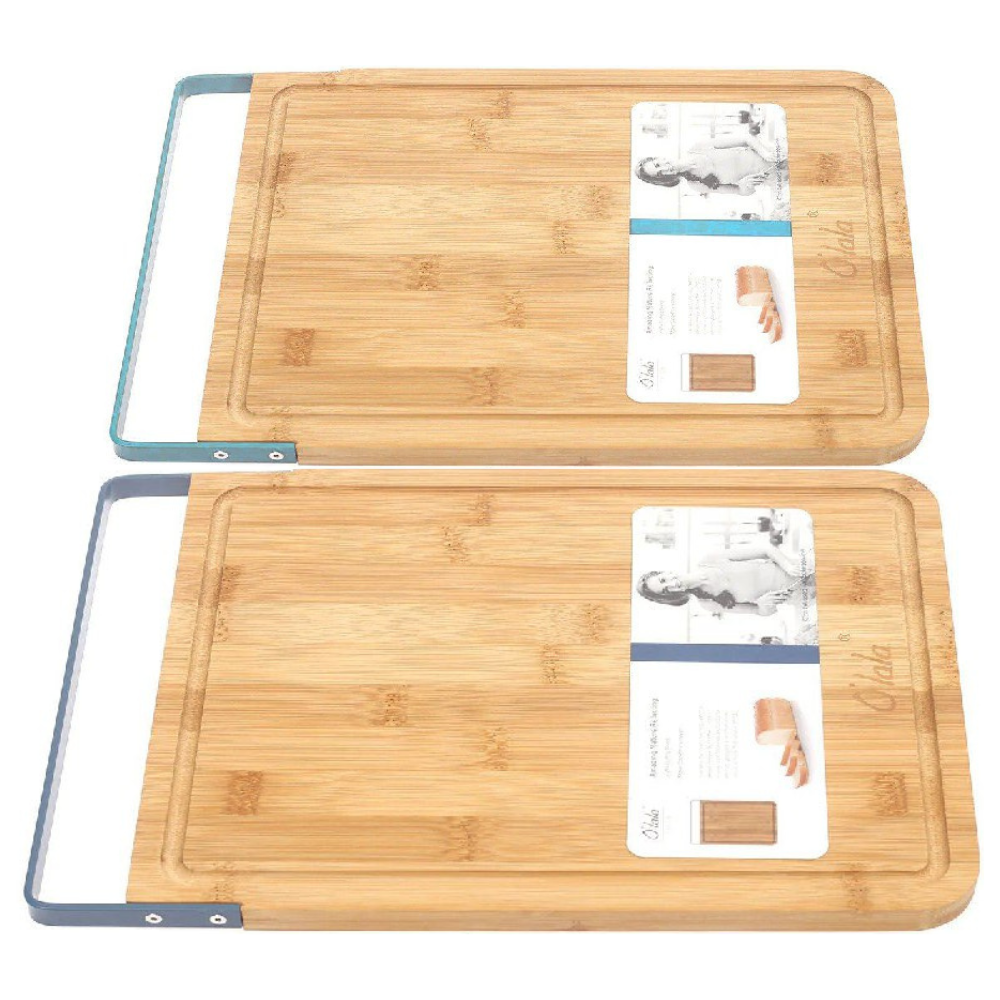 TABLAS DE PICAR DE MADERA DE BAMBU CON MANGO METALICO 32X23X2CM