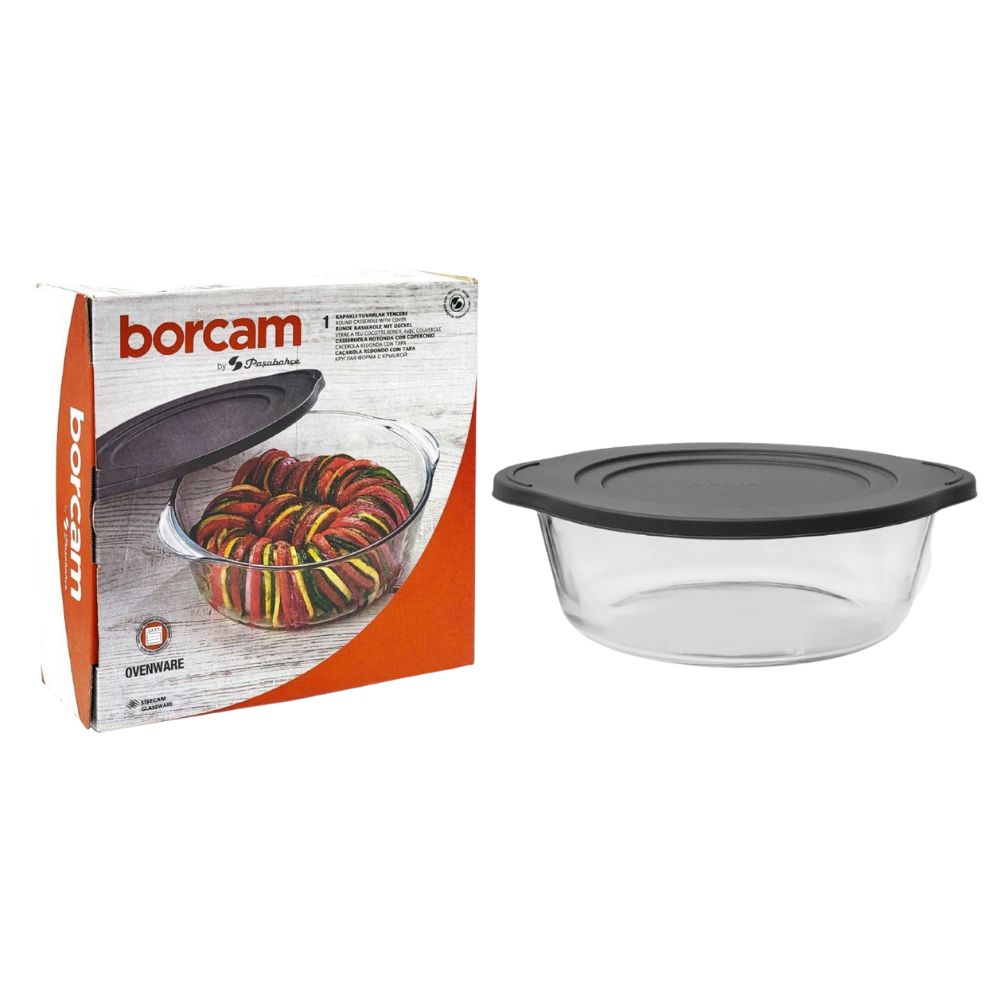 RECIPIENTE REDONDO DE VIDRIO CON TAPA PARA HORNEAR Y ALMACENAR DE ALTA RESISTENCIA 23CM BORCAM