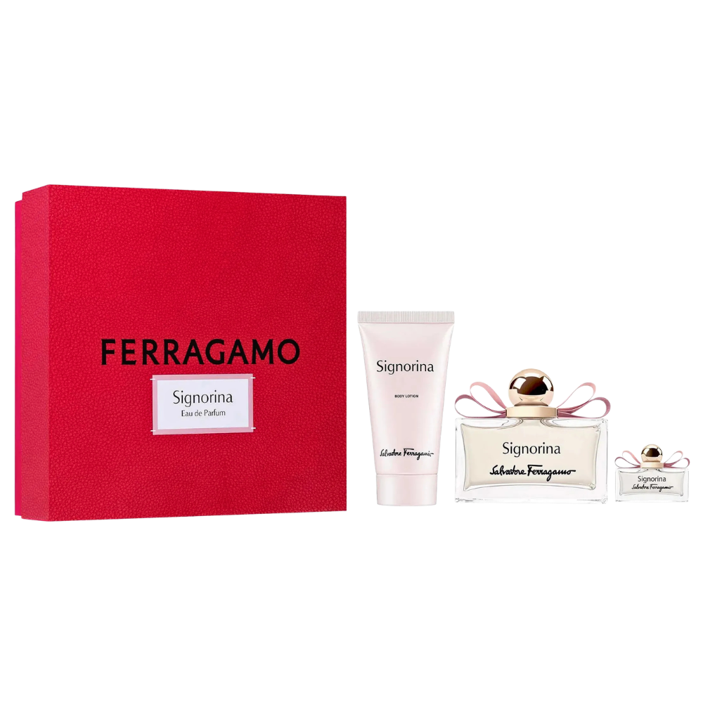 SET SALVATORE FERRAGAMO SIGNORINA EDP 100ML, EDP 5ML, BODY LOTION 50ML (M)